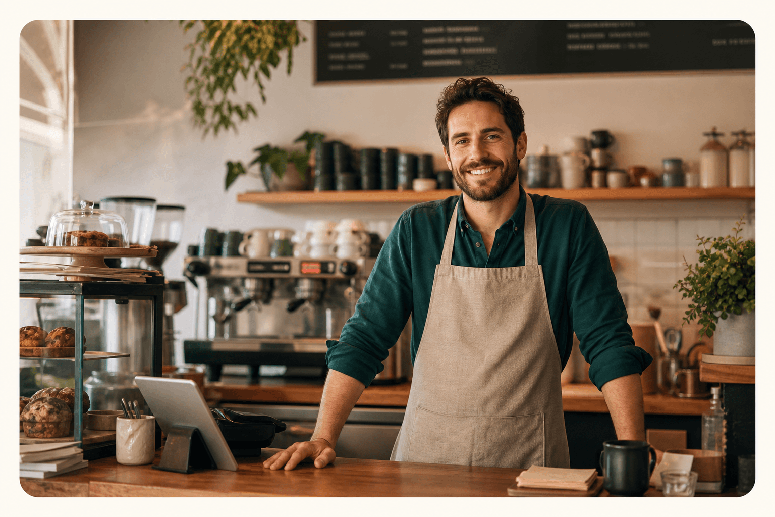 Small business owner behind a counter